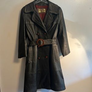 Vintage Long Leather Belted Trench Coat dan di modes size 8